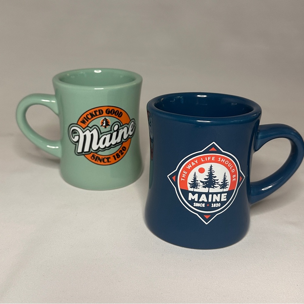 Maine Ceramic Mug Set - Green and Blue Wicked Good The Way Life Should Be